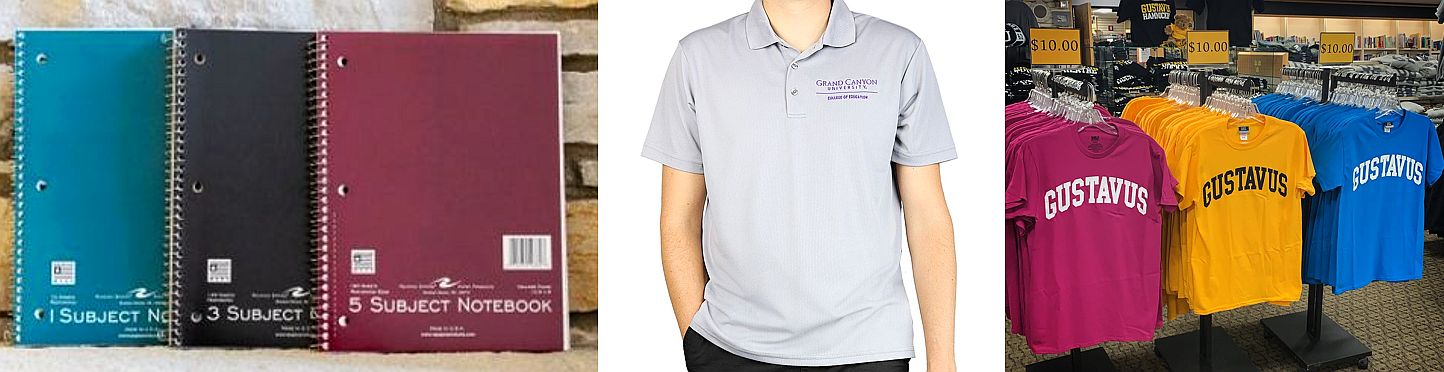 trio of pics including notebooks, polo shirt, and basic tees